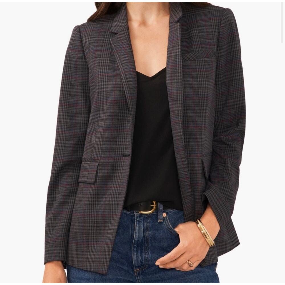 VINCE CAMUTO Plaid One Button Blazer Size 8 Charcoal Grey